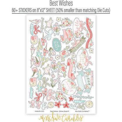 Best Wishes Stickers, sticker sheet spread out image, showing coordinating scrapbook stickers for layouts, planners, journals, cards, memory albums, titles, and quick finishing details. Buyer theme: Floral Friendship Stickers for Scrapbooks & Journals. coordinating floral and sentiment sticker sheet. Visible artwork includes floral banners, sentiment labels, watercolor roses, ribbon bows. Coordinating patterns include botanical print, diamond lattice, gingham
