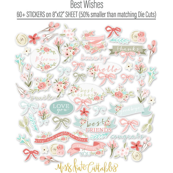 Best Wishes Stickers, alternate sticker sheet spread out image, showing coordinating scrapbook stickers for layouts, planners, journals, cards, memory albums, titles, and quick finishing details. Buyer theme: Floral Friendship Stickers for Scrapbooks & Journals. coordinating floral and sentiment sticker sheet. Visible artwork includes leafy sprigs, floral banners, sentiment labels, watercolor roses. Coordinating patterns include floral toss, botanical print, diamond lattice