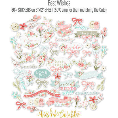 Best Wishes Stickers, alternate sticker sheet spread out image, showing coordinating scrapbook stickers for layouts, planners, journals, cards, memory albums, titles, and quick finishing details. Buyer theme: Floral Friendship Stickers for Scrapbooks & Journals. coordinating floral and sentiment sticker sheet. Visible artwork includes leafy sprigs, floral banners, sentiment labels, watercolor roses. Coordinating patterns include floral toss, botanical print, diamond lattice