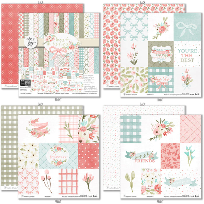 Best Wishes Paper & Sticker Kit, 12x12 paper designs cover to 6 preview, showing 12x12 scrapbook paper and coordinating stickers for scrapbook layouts, photo albums, memory keeping, cards, and paper crafts. Buyer theme: Friendship & Celebration Scrapbook Paper & Sticker Kit. 12x12 floral paper and sticker kit. Visible artwork includes ribbon bows, wildflowers, leafy sprigs, floral banners. Coordinating patterns include plaid, polka dots, floral toss