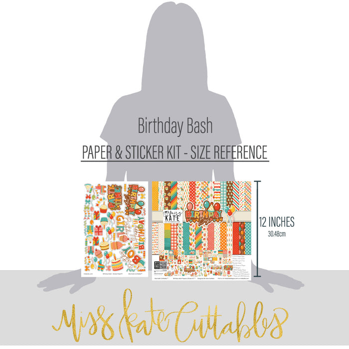 Birthday Bash Paper & Sticker Kit, size guide image, showing 12x12 scrapbook paper and coordinating stickers for scrapbook layouts, photo albums, memory keeping, cards, and paper crafts. Buyer theme: Birthday Party 12x12 Scrapbook Paper & Sticker Kit. Birthday Bash Paper & Sticker Kit with colorful birthday papers, party icon artwork, journaling elements and coordinating stickers. Visible artwork includes Birthday candles, Party hats and pinata, Pennant banners, Curly streamers and confetti