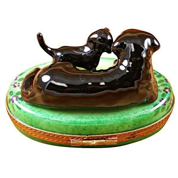 Black Labrador & Puppy limoges box Porcelain Limoges French Trinket Box