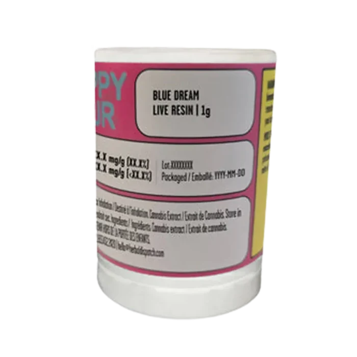 Front-facing close-up of the label reading "Blue Dream Live Resin" on a small white jar with pink and yellow panels.