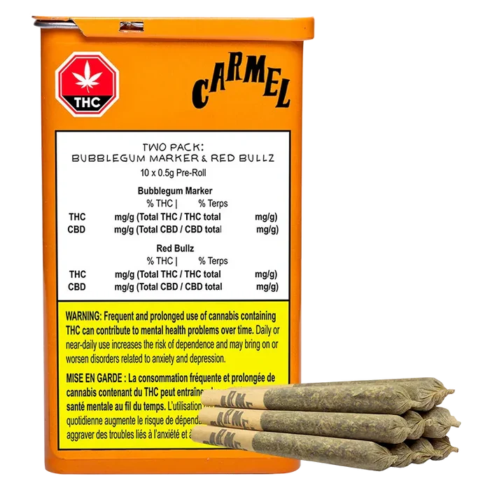 Front view of an orange Carmel tin labeled "Bubblegum Marker & Red Bullz PR 10 x 0.5 g" with a warning panel and four pre-rolled joints stacked at the base.