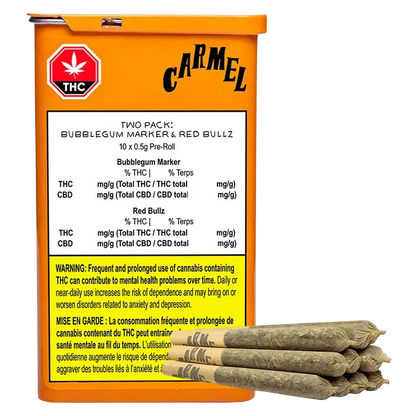 Front view of an orange Carmel tin labeled "Bubblegum Marker & Red Bullz PR 10 x 0.5 g" with a warning panel and four pre-rolled joints stacked at the base.