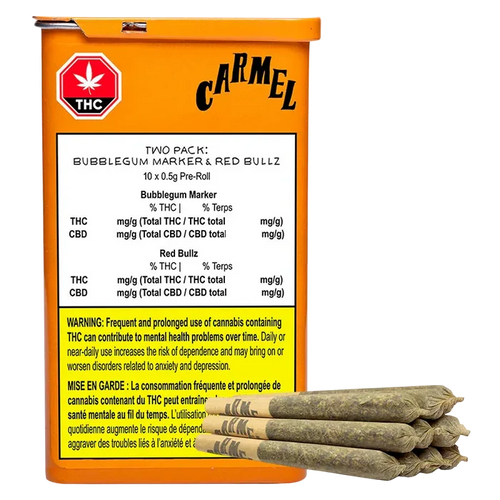 Front view of an orange Carmel tin labeled "Bubblegum Marker & Red Bullz PR 10 x 0.5 g" with a warning panel and four pre-rolled joints stacked at the base.