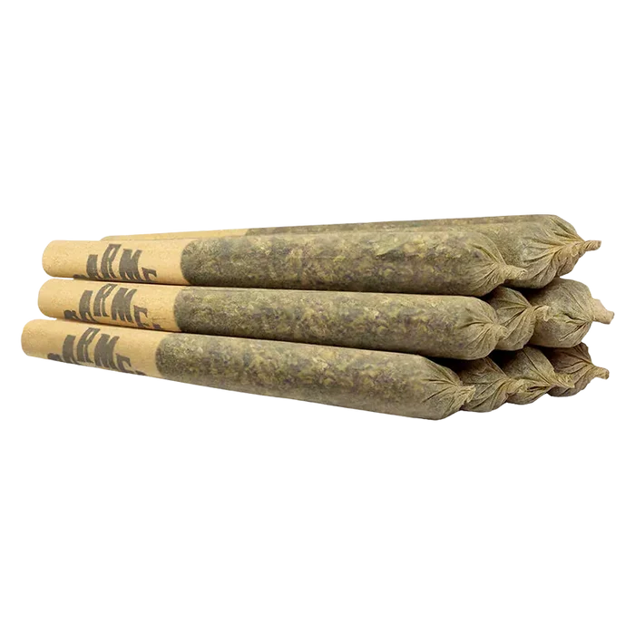 Angled close-up of six rolled joints stacked in two rows showing brown paper tips and leafy green contents, labeled Bubblegum Marker & Red Bullz PR 10 x 0.5 g
