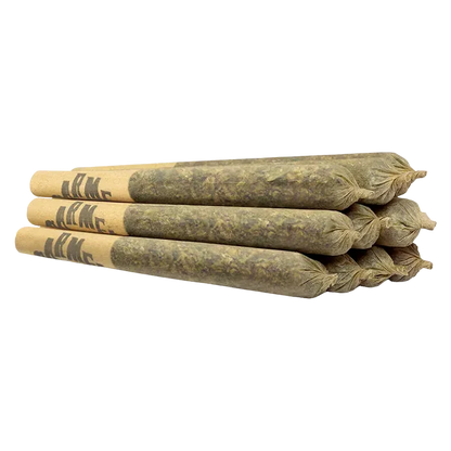 Angled close-up of six rolled joints stacked in two rows showing brown paper tips and leafy green contents, labeled Bubblegum Marker & Red Bullz PR 10 x 0.5 g
