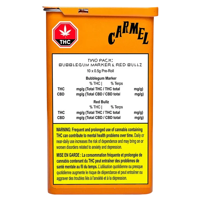 Front-facing shot of the orange Carmel tin labeled Bubblegum Marker & Red Bullz PR 10 x 0.5 g with a white product panel and yellow warning box.