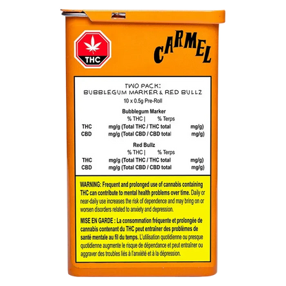 Front-facing shot of the orange Carmel tin labeled Bubblegum Marker & Red Bullz PR 10 x 0.5 g with a white product panel and yellow warning box.