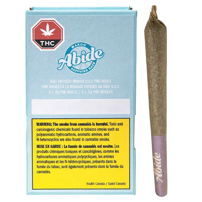 Front view of the blue "CBG Infused Mango PR 3 x 0.5 g" box with THC symbol beside a single rolled joint.