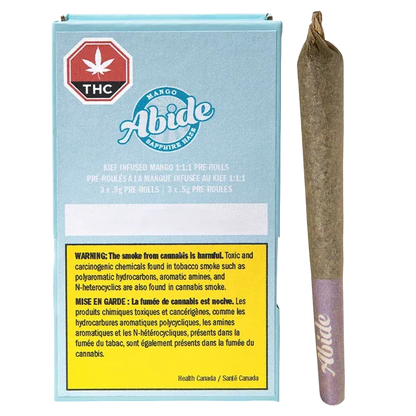 Front view of the blue "CBG Infused Mango PR 3 x 0.5 g" box with THC symbol beside a single rolled joint.