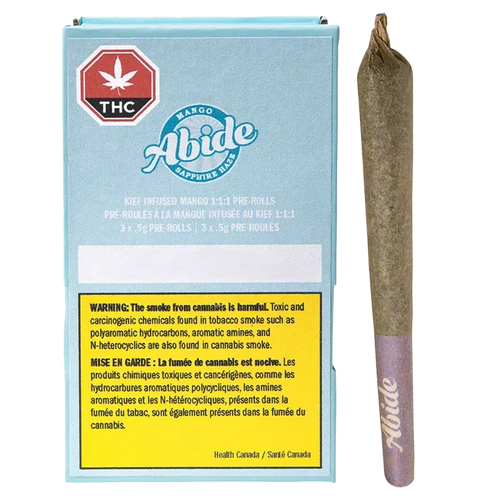 Front view of the blue "CBG Infused Mango PR 3 x 0.5 g" box with THC symbol beside a single rolled joint.