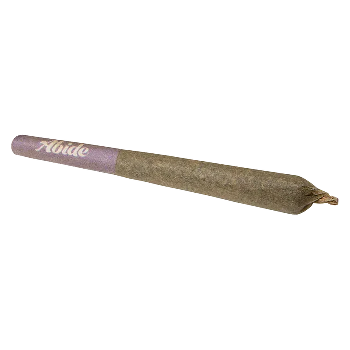 Angled close-up of a pre-rolled joint with a purple filter tip labeled "CBG Infused Mango PR 3 x 0.5 g" on a white background