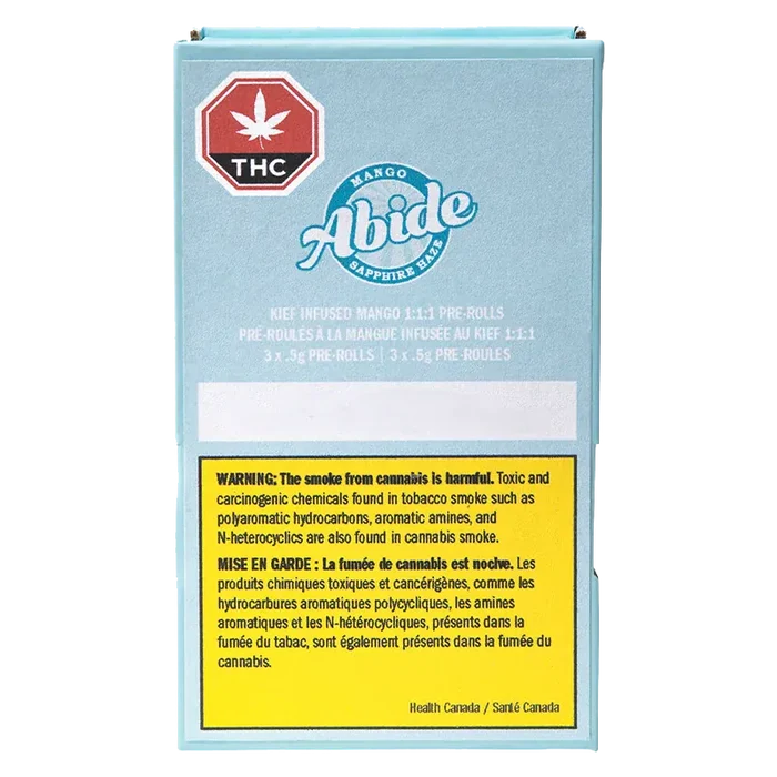 Front-facing view of the pale blue box labeled "CBG Infused Mango PR 3 x 0.5 g" with an Abide logo, THC symbol, and a yellow health warning panel.