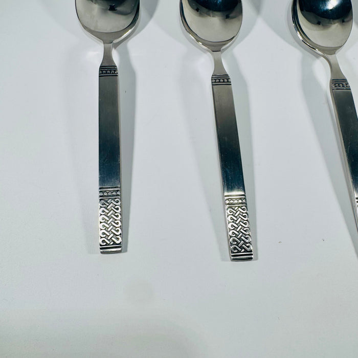 Danika Stainless Steel Oval Soup Spoons Bundle of 4, MSI Japan Flatware, Celtic Knot Handle, Vintage Discontinued Silverware