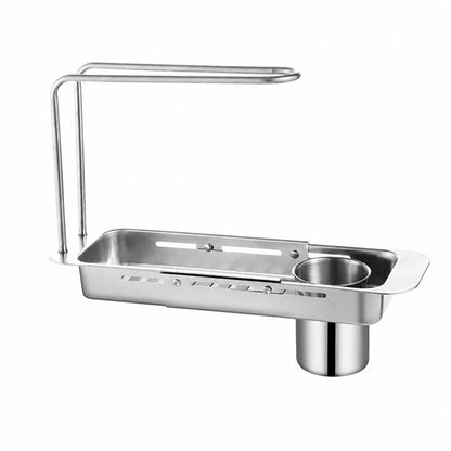 Telescopic Sink Organizer Rack with Towel Bar – Adjustable Over-Sink Caddy for Sponges & Cleaning Supplies