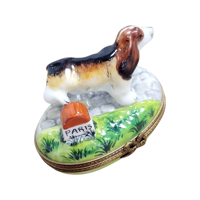 Dog Peeing on Paris Mile Marker Porcelain Limoges dog limoges box French Trinket Box
