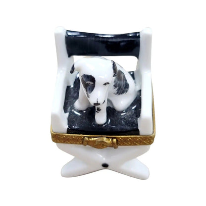 Dog on Director Chair Figurine Porcelain Limoges Dog Furniture French Trinket Box