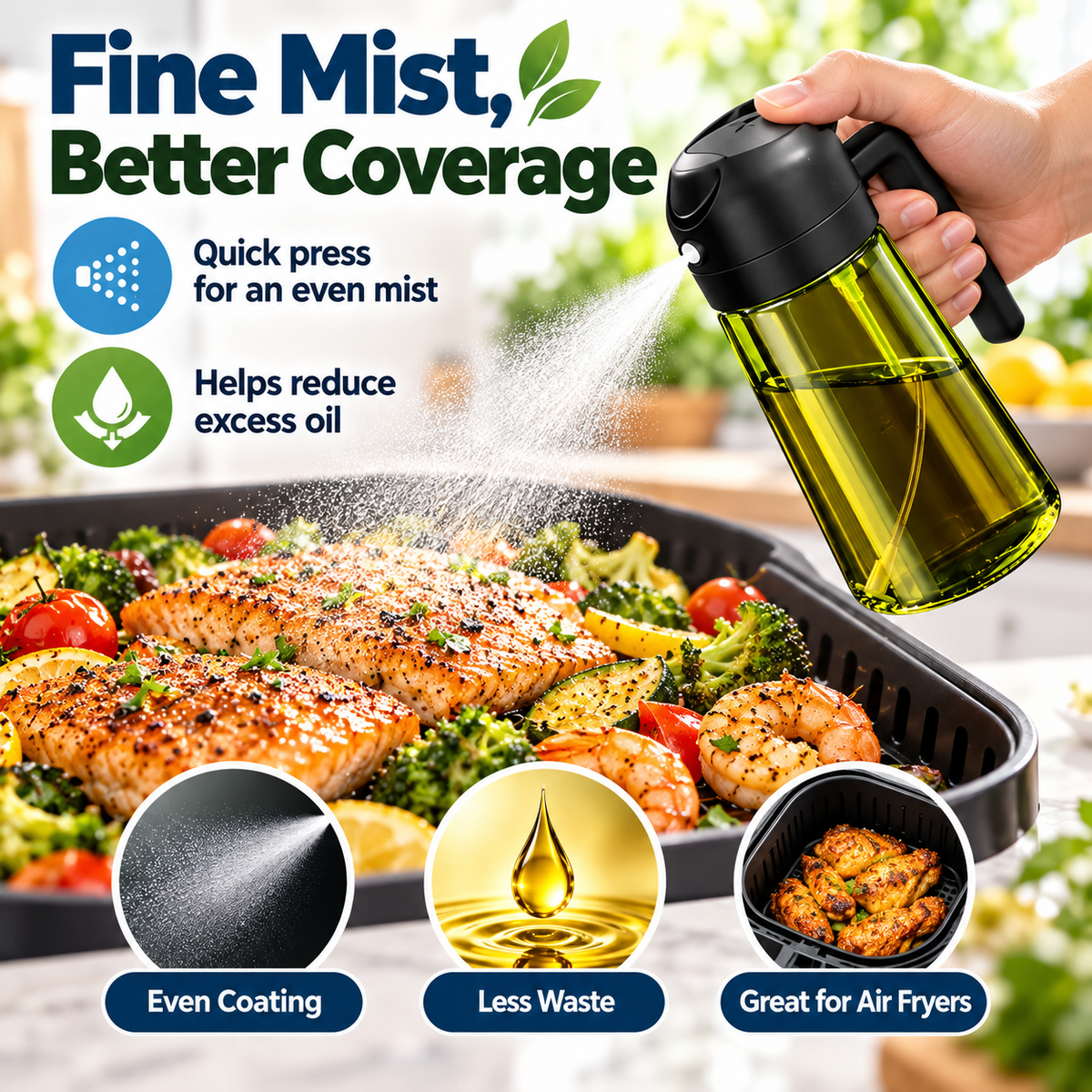 2-Pack 16oz Light-Blocking Dark Green Glass Oil Sprayer & Dispenser – 2-in-1 Refillable Food-Grade Mister with Precise Nozzle for Air Fryer, BBQ & Even Coating