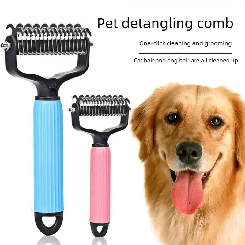 Double-Sided Pet Deshedding Brush - Hurtless Undercoat Rake Comb for Dogs, Cats, Reduces Shedding, Flying Hair