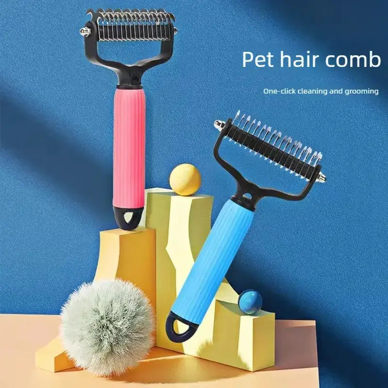 Double-Sided Pet Deshedding Brush - Hurtless Undercoat Rake Comb for Dogs, Cats, Reduces Shedding, Flying Hair