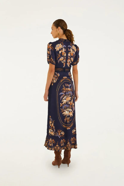 Farm Rio Lara Lace Puff Sleeve Maxi Dress in Navy Blue