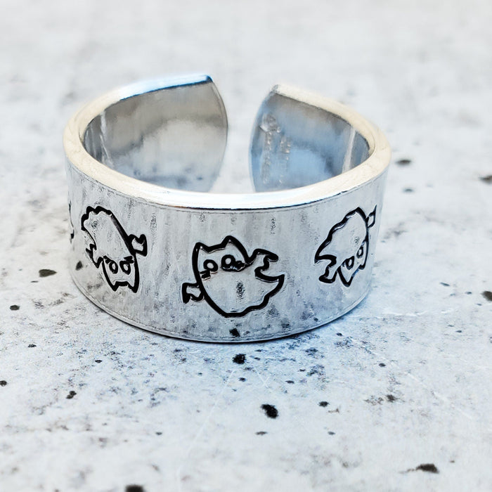 Ghost Cat Halloween Ring: Handmade Sterling Silver Band Salt and Sparkle