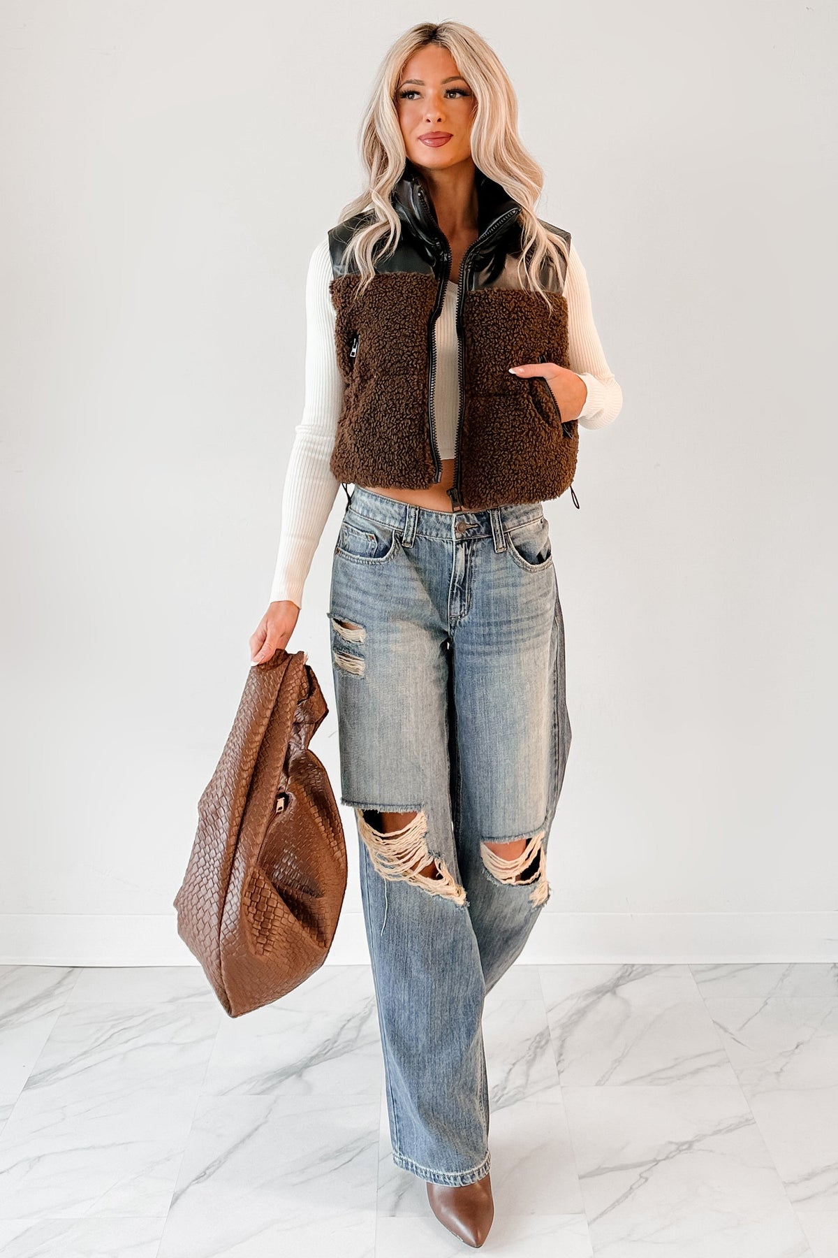 Candle Lit Nights Sherpa Puffer Vest (Brown)