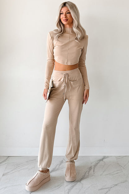 Force For Good Mock Neck Crop Top & Jogger Set (Latte)
