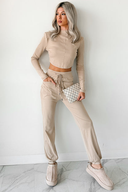 Force For Good Mock Neck Crop Top & Jogger Set (Latte)
