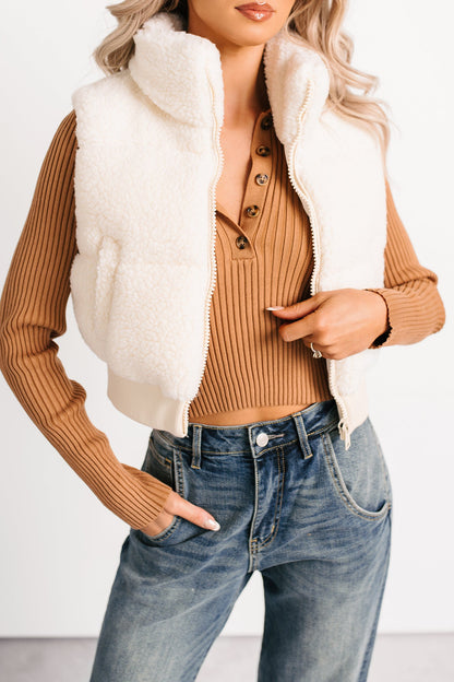 Midnight Frost Sherpa Puffer Crop Vest (Off White)