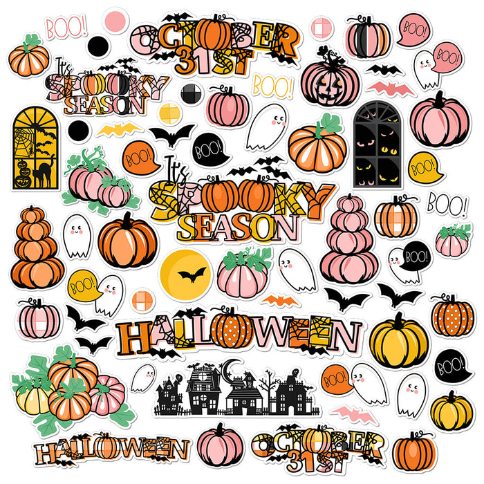 It's Spooky Season Die Cuts, main product image, showing pre-cut scrapbook embellishments for layouts, handmade cards, journals, mini albums, memory pages, and layered paper crafts. Buyer theme: Halloween Die Cuts & Scrapbook Embellishments. It's Spooky Season die cuts with friendly ghosts, pink and orange pumpkins, bats, haunted houses, speech bubbles and Halloween title art. Scrapbook die cuts, paper embellishments, card making accents, journal decorations, and layered paper craft supplies