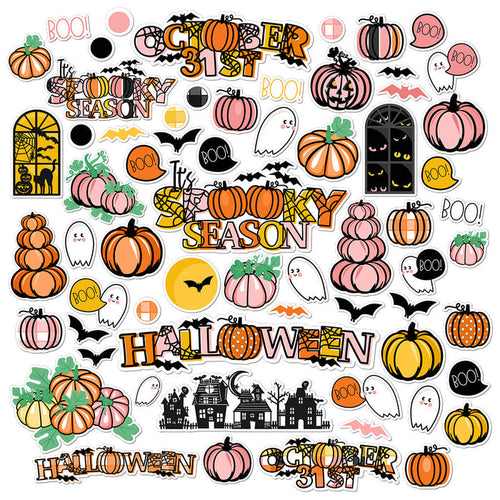 It's Spooky Season Die Cuts, main product image, showing pre-cut scrapbook embellishments for layouts, handmade cards, journals, mini albums, memory pages, and layered paper crafts. Buyer theme: Halloween Die Cuts & Scrapbook Embellishments. It's Spooky Season die cuts with friendly ghosts, pink and orange pumpkins, bats, haunted houses, speech bubbles and Halloween title art. Scrapbook die cuts, paper embellishments, card making accents, journal decorations, and layered paper craft supplies