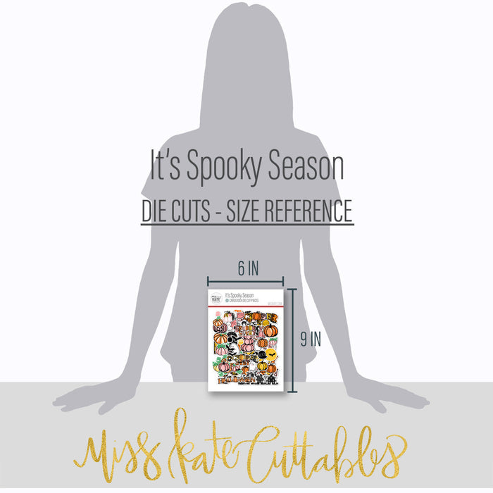 It's Spooky Season Die Cuts, size guide image, showing pre-cut scrapbook embellishments for layouts, handmade cards, journals, mini albums, memory pages, and layered paper crafts. Buyer theme: Halloween Die Cuts & Scrapbook Embellishments. It's Spooky Season die cuts with friendly ghosts, pink and orange pumpkins, bats, haunted houses, speech bubbles and Halloween title art. Scrapbook die cuts, paper embellishments, card making accents, journal decorations, and layered paper craft supplies