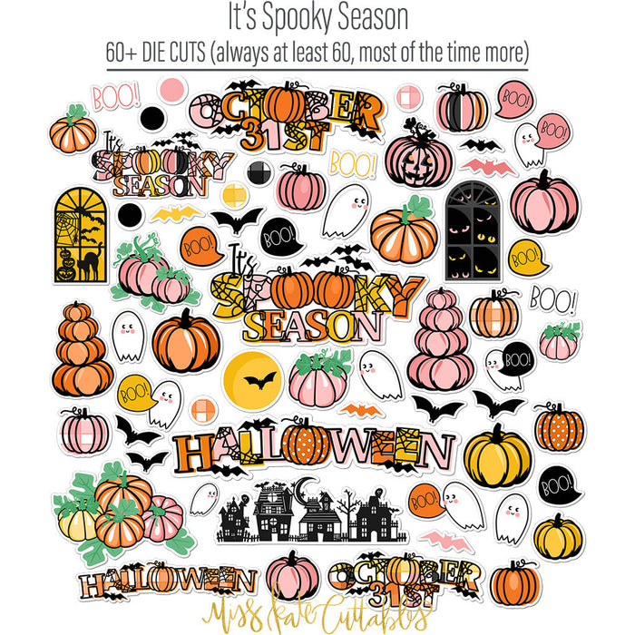 It's Spooky Season Die Cuts, die cuts spread out image, showing pre-cut scrapbook embellishments for layouts, handmade cards, journals, mini albums, memory pages, and layered paper crafts. Buyer theme: Halloween Die Cuts & Scrapbook Embellishments. It's Spooky Season die cuts with friendly ghosts, pink and orange pumpkins, bats, haunted houses, speech bubbles and Halloween title art. Use the coordinating pieces to layer around photographs, journaling, titles, and paper details