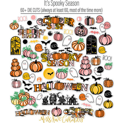 It's Spooky Season Die Cuts, die cuts spread out image, showing pre-cut scrapbook embellishments for layouts, handmade cards, journals, mini albums, memory pages, and layered paper crafts. Buyer theme: Halloween Die Cuts & Scrapbook Embellishments. It's Spooky Season die cuts with friendly ghosts, pink and orange pumpkins, bats, haunted houses, speech bubbles and Halloween title art. Use the coordinating pieces to layer around photographs, journaling, titles, and paper details