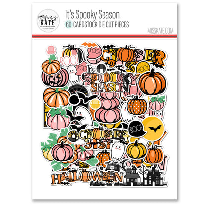 It's Spooky Season Die Cuts, packaging image, showing pre-cut scrapbook embellishments for layouts, handmade cards, journals, mini albums, memory pages, and layered paper crafts. Buyer theme: Halloween Die Cuts & Scrapbook Embellishments. It's Spooky Season die cuts with friendly ghosts, pink and orange pumpkins, bats, haunted houses, speech bubbles and Halloween title art. Scrapbook die cuts, paper embellishments, card making accents, journal decorations, and layered paper craft supplies