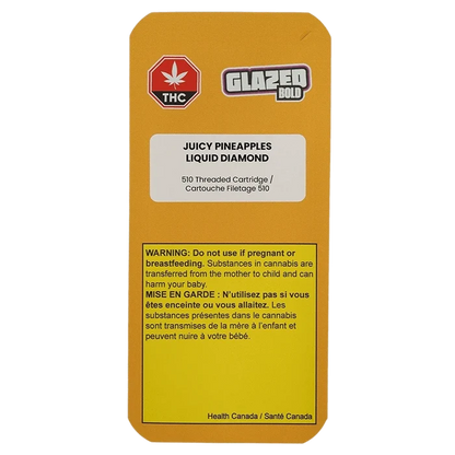Portrait view of the mustard-yellow package labeled Juicy Pineapples Liquid Diamond Vape Cartridge with warning block and Glazed Bold logo.