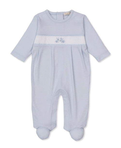 Kissy Kissy Hand Embroidered Premier Footie in Blue Springtime Bunny Fun