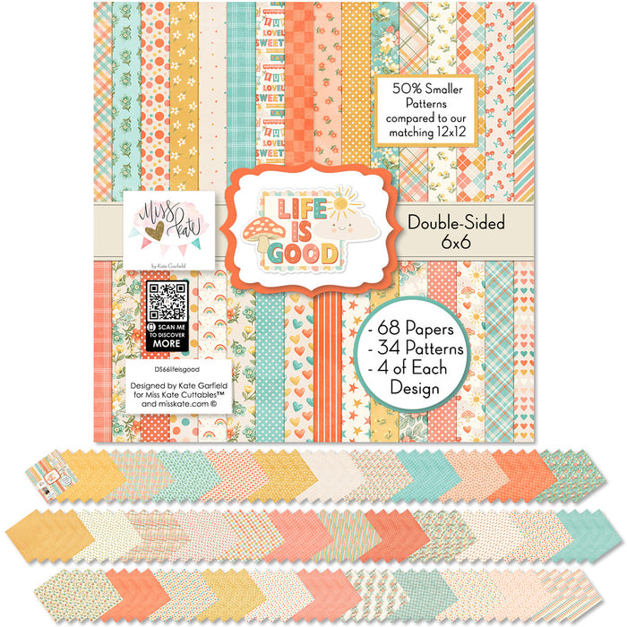 Life is Good 6x6 Double-Sided Paper Pack, 6x6 cover and paper spread out image, showing 6x6 scrapbook paper for handmade cards, mini albums, junk journals, paper layering, small-scale layouts, and coordinated paper crafts. Buyer theme: Everyday 6x6 Scrapbook Paper for Cards & Mini Albums. Life is Good 6x6 Double-Sided Paper Pack with scaled florals, plaids, dots, hearts, rainbows, cherries and happy everyday patterns for cards and mini albums