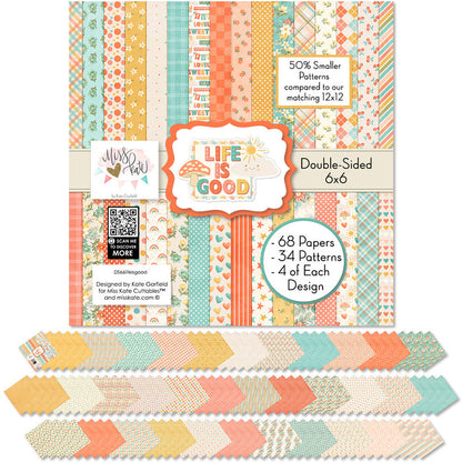 Life is Good 6x6 Double-Sided Paper Pack, 6x6 cover and paper spread out image, showing 6x6 scrapbook paper for handmade cards, mini albums, junk journals, paper layering, small-scale layouts, and coordinated paper crafts. Buyer theme: Everyday 6x6 Scrapbook Paper for Cards & Mini Albums. Life is Good 6x6 Double-Sided Paper Pack with scaled florals, plaids, dots, hearts, rainbows, cherries and happy everyday patterns for cards and mini albums