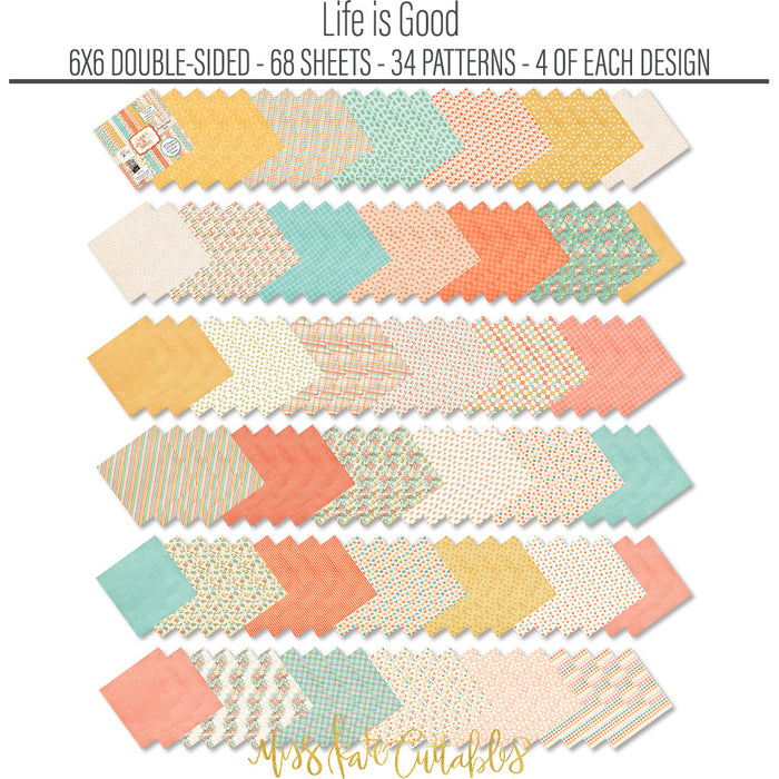 Life is Good 6x6 Double-Sided Paper Pack, papers spread out image, showing 6x6 scrapbook paper for handmade cards, mini albums, junk journals, paper layering, small-scale layouts, and coordinated paper crafts. Buyer theme: Everyday 6x6 Scrapbook Paper for Cards & Mini Albums. Life is Good 6x6 Double-Sided Paper Pack with scaled florals, plaids, dots, hearts, rainbows, cherries and happy everyday patterns for cards and mini albums. Designed for Card making, Mini albums, Junk journals