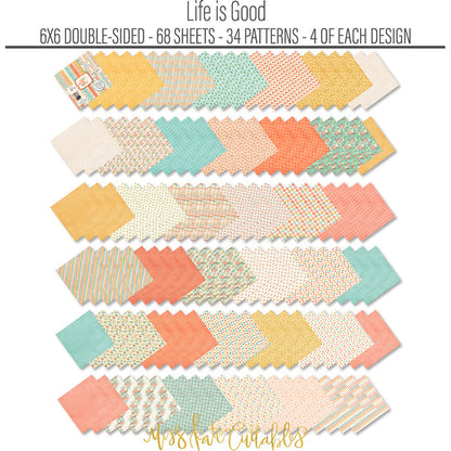 Life is Good 6x6 Double-Sided Paper Pack, papers spread out image, showing 6x6 scrapbook paper for handmade cards, mini albums, junk journals, paper layering, small-scale layouts, and coordinated paper crafts. Buyer theme: Everyday 6x6 Scrapbook Paper for Cards & Mini Albums. Life is Good 6x6 Double-Sided Paper Pack with scaled florals, plaids, dots, hearts, rainbows, cherries and happy everyday patterns for cards and mini albums. Designed for Card making, Mini albums, Junk journals