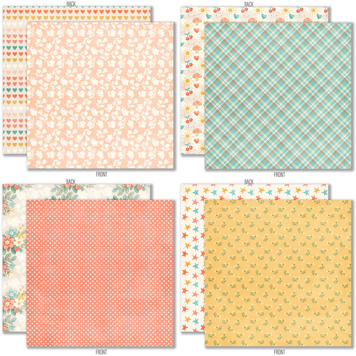 Life is Good 6x6 Double-Sided Paper Pack, 6x6 double-sided paper pack paper patterns 1 through 8 preview, showing 6x6 scrapbook paper for handmade cards, mini albums, junk journals, paper layering, small-scale layouts, and coordinated paper crafts. Buyer theme: Everyday 6x6 Scrapbook Paper for Cards & Mini Albums. Life is Good 6x6 Double-Sided Paper Pack with scaled florals, plaids, dots, hearts, rainbows, cherries and happy everyday patterns for cards and mini albums