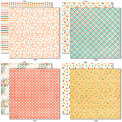 Life is Good 6x6 Double-Sided Paper Pack, 6x6 double-sided paper pack paper patterns 1 through 8 preview, showing 6x6 scrapbook paper for handmade cards, mini albums, junk journals, paper layering, small-scale layouts, and coordinated paper crafts. Buyer theme: Everyday 6x6 Scrapbook Paper for Cards & Mini Albums. Life is Good 6x6 Double-Sided Paper Pack with scaled florals, plaids, dots, hearts, rainbows, cherries and happy everyday patterns for cards and mini albums
