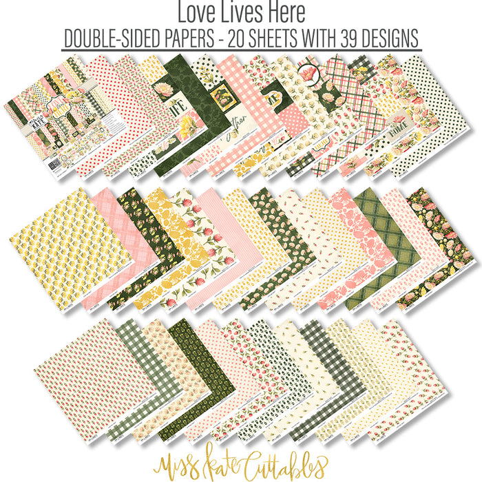 Love Lives Here Paper & Sticker Kit, paper and sticker kit spread out image, showing 12x12 scrapbook paper and coordinating stickers for scrapbook layouts, photo albums, memory keeping, cards, and paper crafts. Buyer theme: Family & Home Scrapbook Paper & Sticker Kit. Love Lives Here Paper & Sticker Kit with warm florals, rosebuds, leafy sprigs, plaid, gingham, dots, stripes and family-and-home titles for meaningful memory pages. Designed for Card making, Mini albums, Junk journals