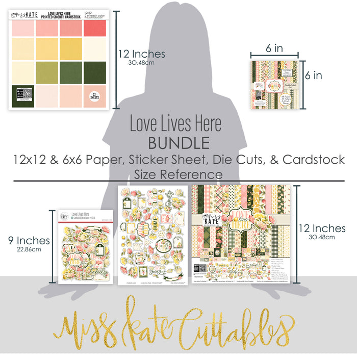 Love Lives Here Bundle, size guide image, showing complete coordinated paper craft set with 12x12 papers, 6x6 papers, cardstock, die cuts, and stickers for layouts, cards, albums, journals, and keepsakes. Buyer theme: Complete Family & Home Scrapbook Craft Bundle. Love Lives Here complete scrapbook bundle with 12x12 paper, 6x6 designs, cardstock, die cuts and stickers in a warm floral home-and-family palette. Coordinating patterns include Botanical floral prints, Polka dots, Pinstripes