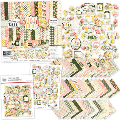 Love Lives Here Collection, main product image, showing coordinated Paper & Sticker Kit, full-size Die Cuts, and Sticker Sheet for scrapbook layouts, memory albums, cards, journals, and keepsakes. Buyer theme: Coordinated Family Memory Scrapbook Collection. Love Lives Here coordinated family scrapbook collection with paper, stickers and die cuts for home memories, family stories, love and belonging. Coordinating patterns include Rosebud repeat patterns, Buffalo check and gingham, Heritage plaid