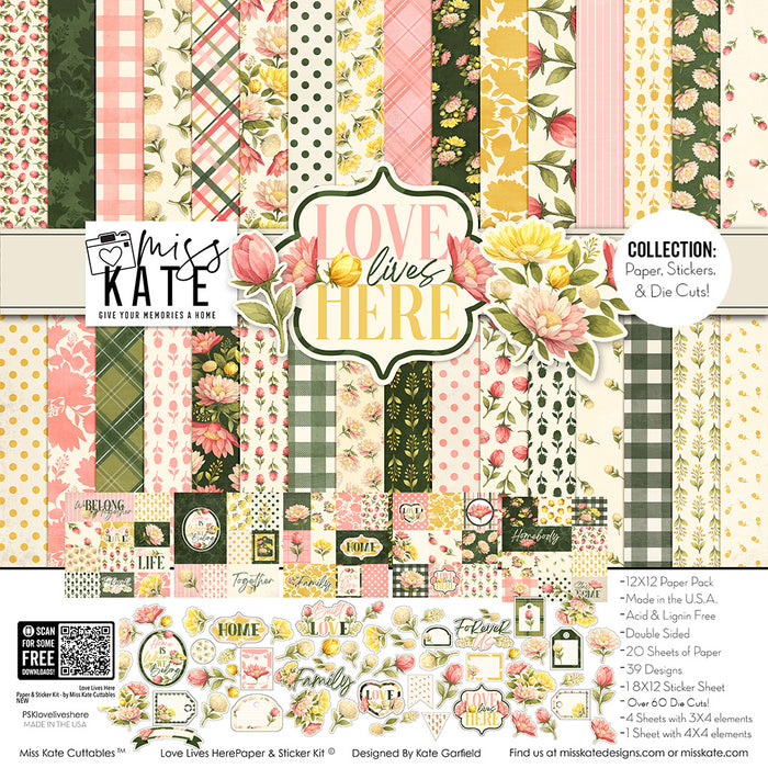 Love Lives Here Collection, collection product image, showing coordinated Paper & Sticker Kit, full-size Die Cuts, and Sticker Sheet for scrapbook layouts, memory albums, cards, journals, and keepsakes. Buyer theme: Coordinated Family Memory Scrapbook Collection. Love Lives Here coordinated family scrapbook collection with paper, stickers and die cuts for home memories, family stories, love and belonging. Coordinating patterns include Heritage plaid, Botanical floral prints, Polka dots